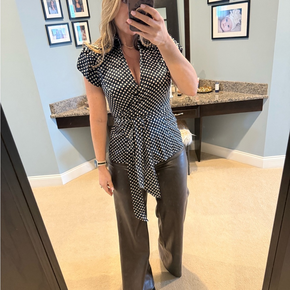INC 100% Silk Navy and Tan Polka Dot wrap blouse size 8.